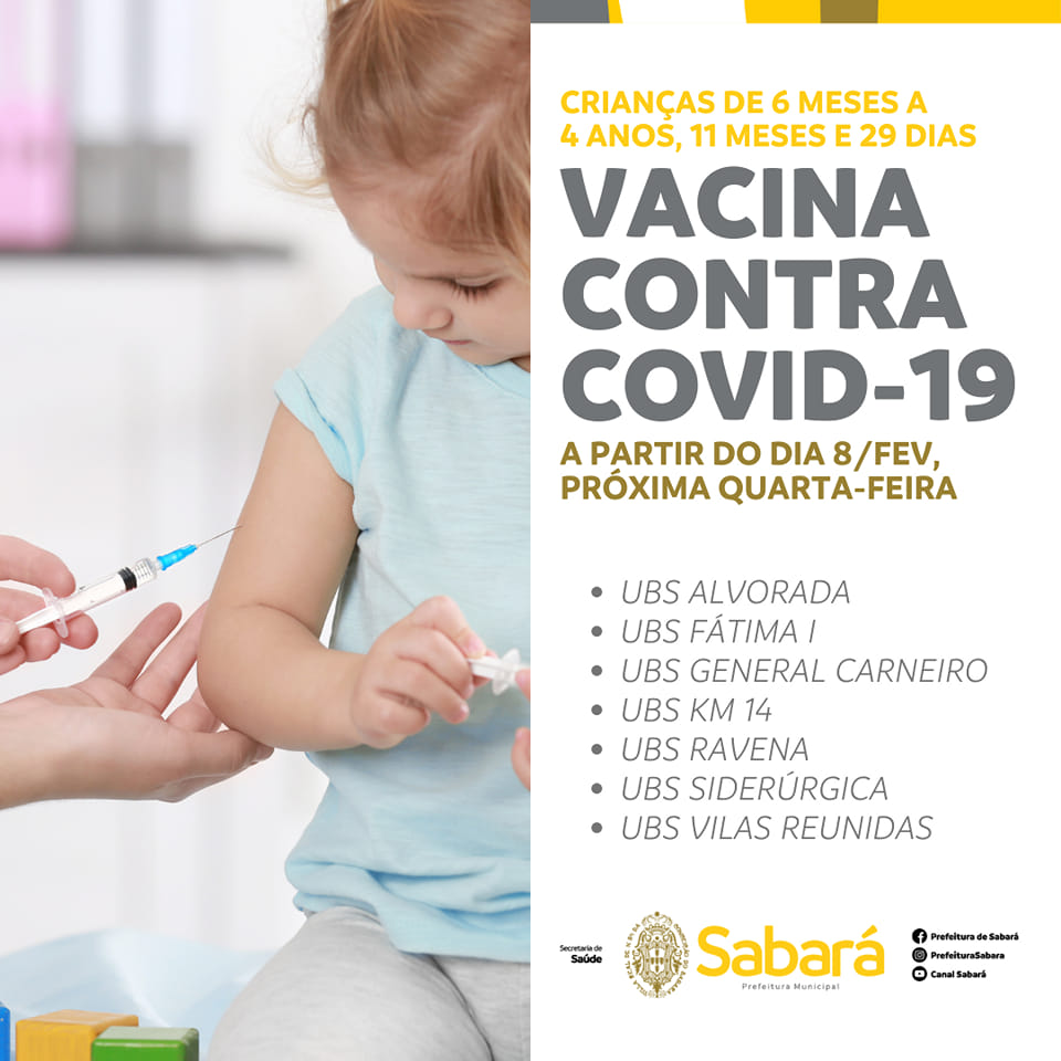 Crianças de 6 meses a 4 anos serão vacinadas contra a covid-19 a partir de quarta-feira(8/2) em Sabará
