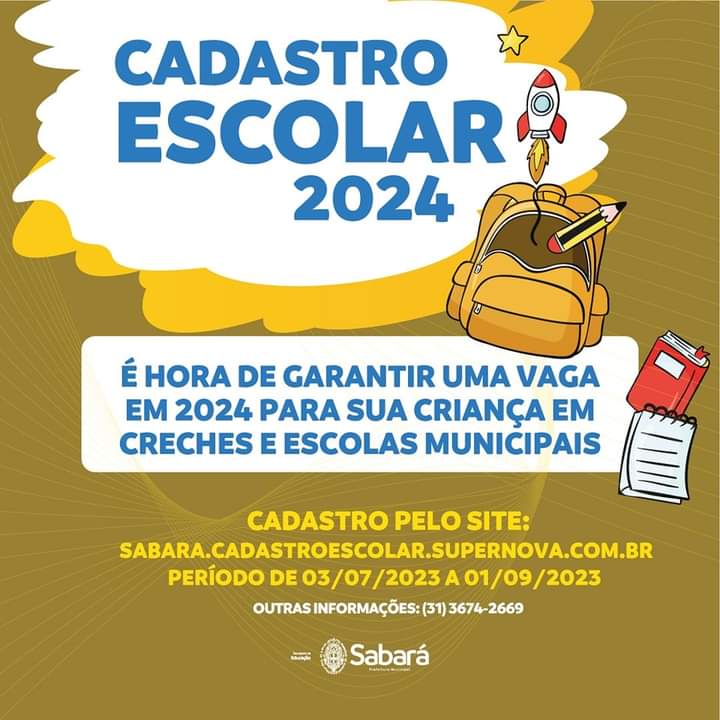 Aberto cadastro escolar 2024 em Sabará