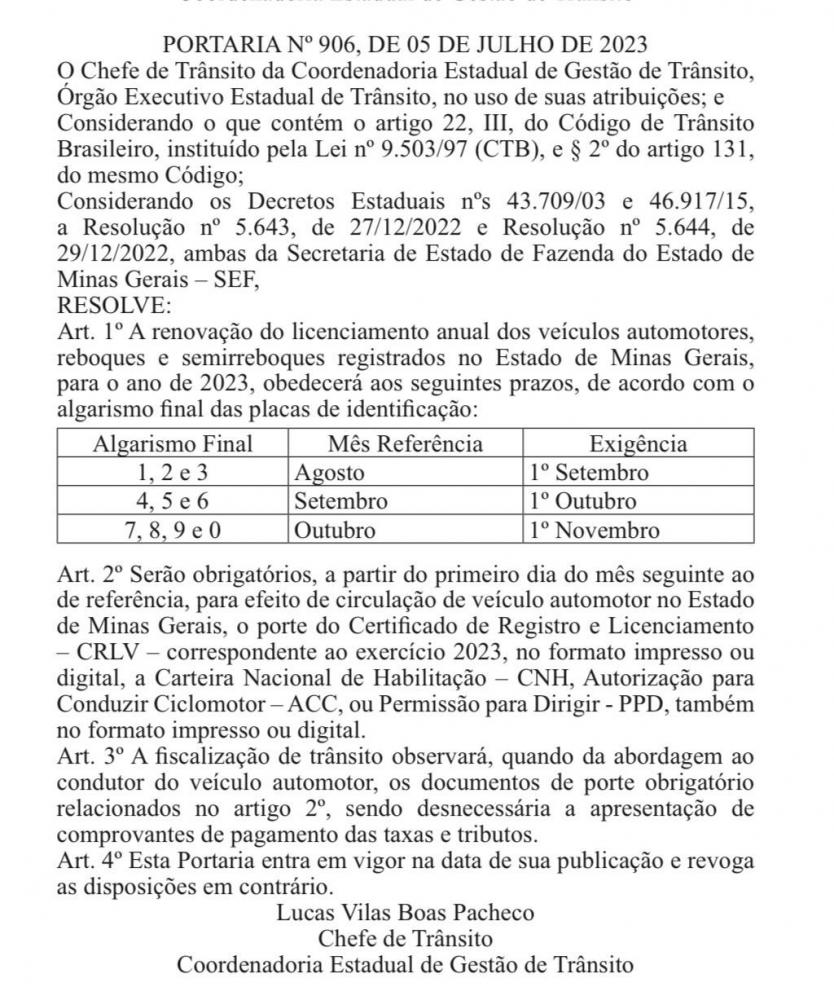 CRLV 2023 começa a ser cobrado em MG a partir de agosto