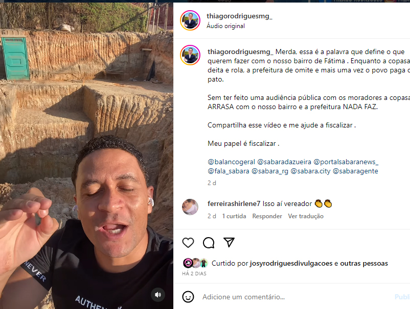 Vereador Thiago Rodrigues denuncia Copasa por obra que vai levar esgoto para dentro da comunidade