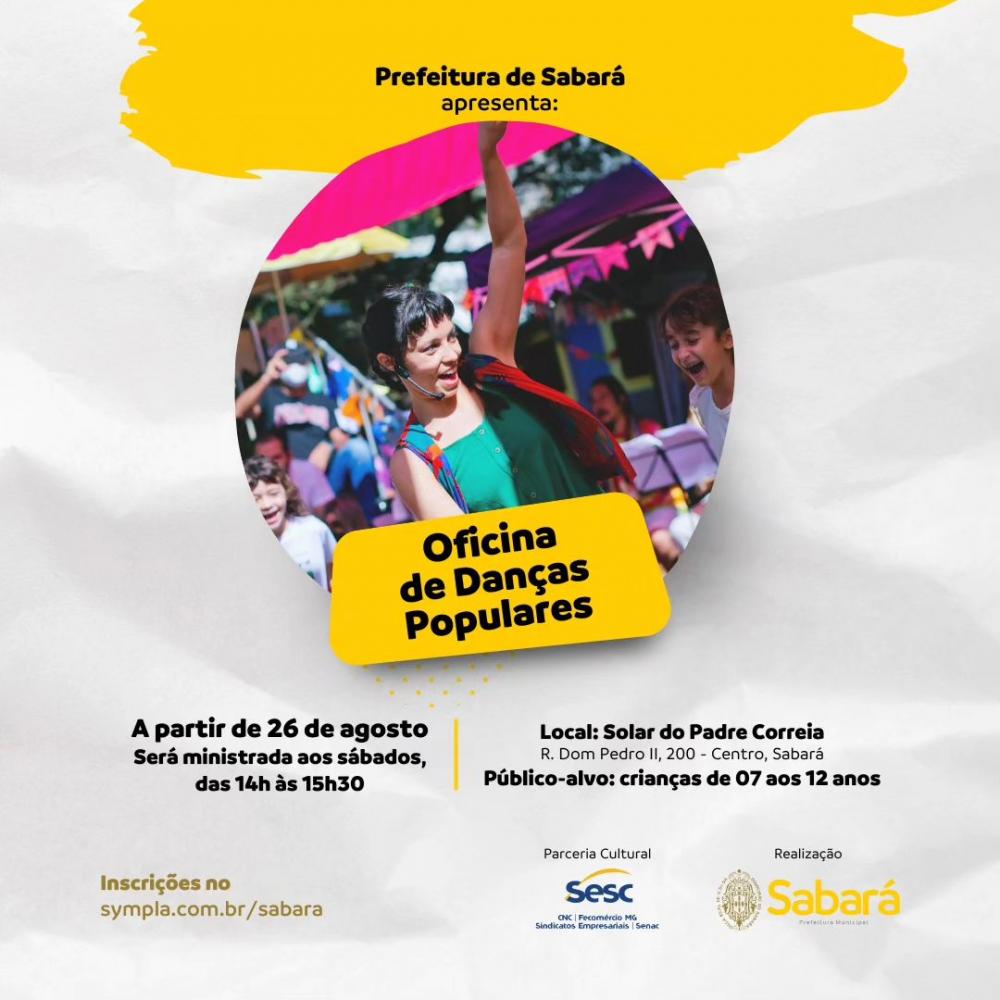 ABERTAS AS INSCRIÇÕES PARA A OFICINA GRATUITA DE DANÇAS POPULARES EM SABARÁ