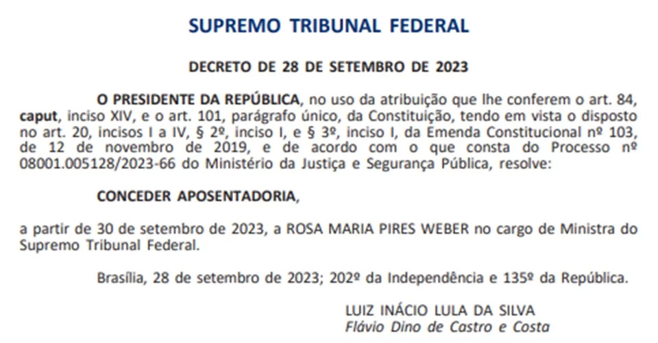 Lula e Flávio Dino assinam a aposentadoria da ministra Rosa Weber do STF