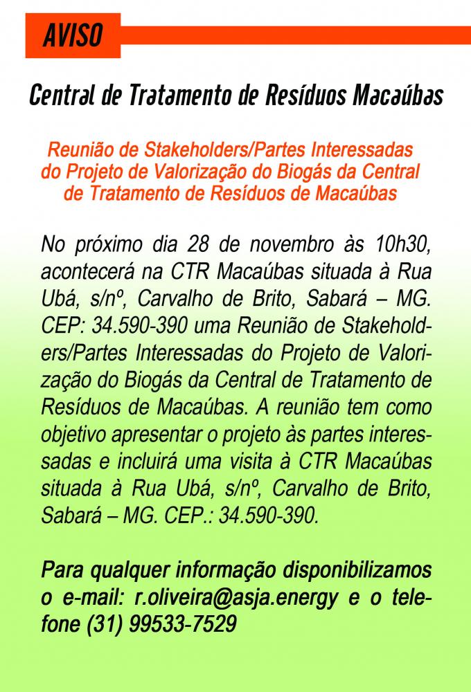Reunião de Stakeholders/Partes Interessadas do Projeto de Valorização do Biogás da Central de Tratamento de Resíduos de Macaúbas em Sabará