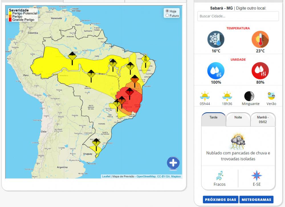 Sabará tem alerta de chuva de até 100mm nesta segunda-feira