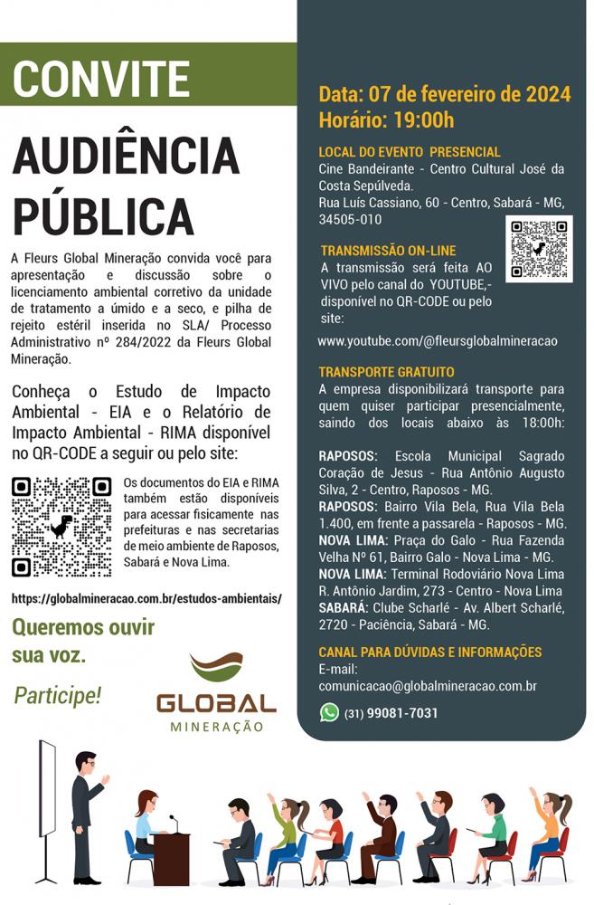 Global Mineração: Empresa de minério de ferro realiza Audiência Pública para apresentar estudos ambientais em Sabará