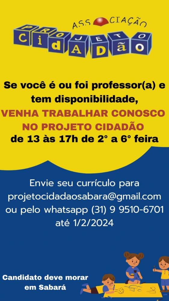 Projeto cidadão abre vaga para professor(a) em Sabará