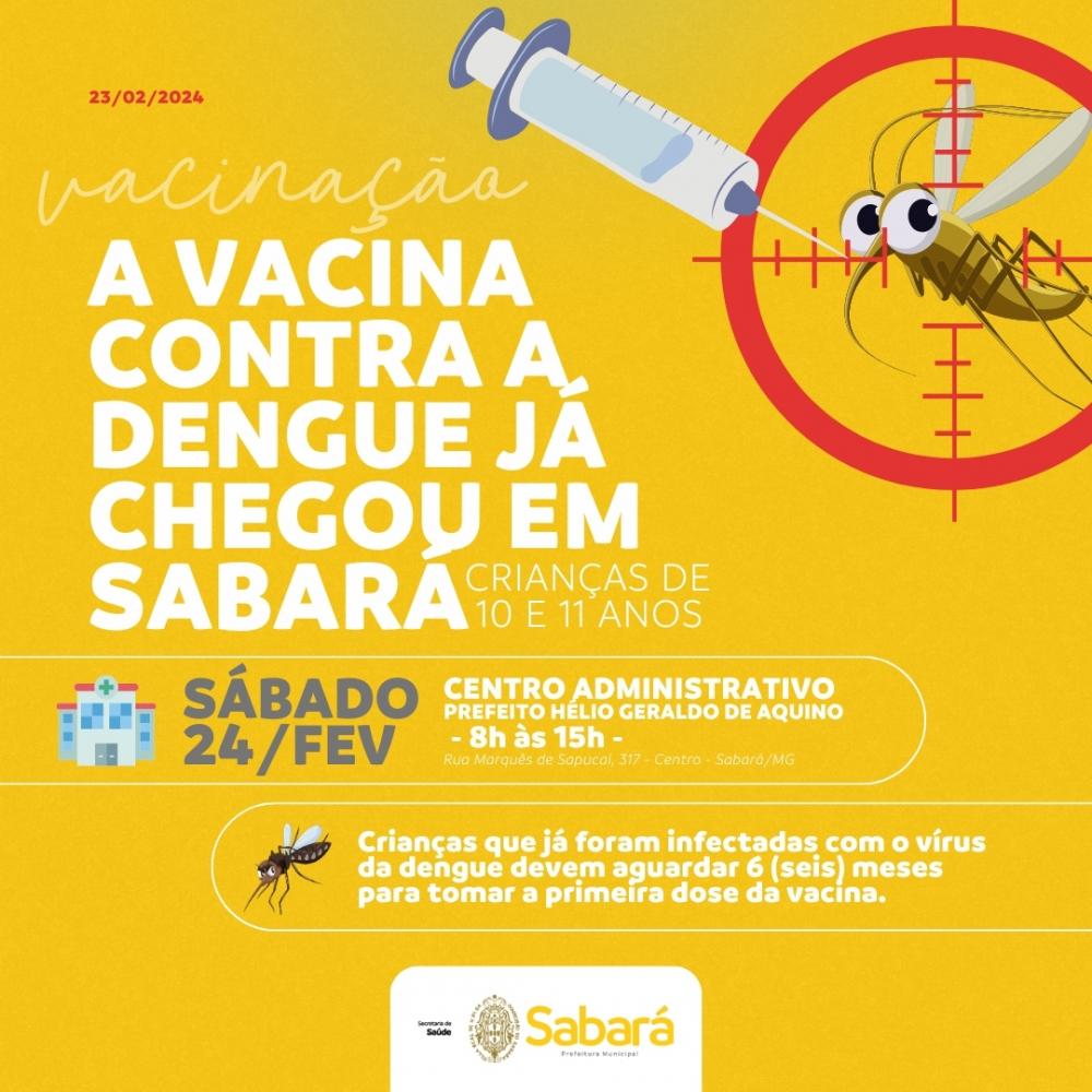 Prefeitura de Sabará começa amanhã a vacinação contra a dengue para crianças de 10 e 11 anos