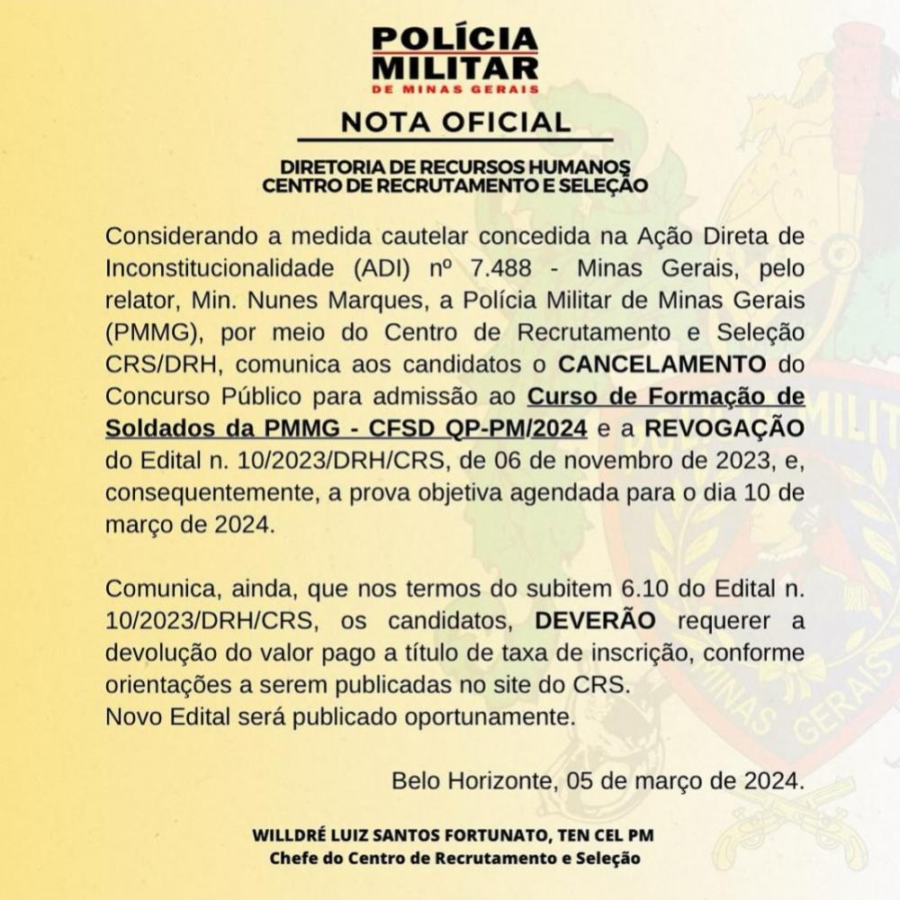 Concurso da PMMG é cancelado
