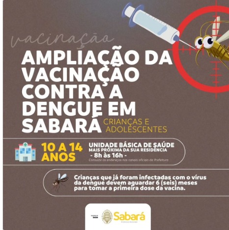 Prefeitura de Sabará amplia vacinação contra dengue para crianças de 12 a 14 anos