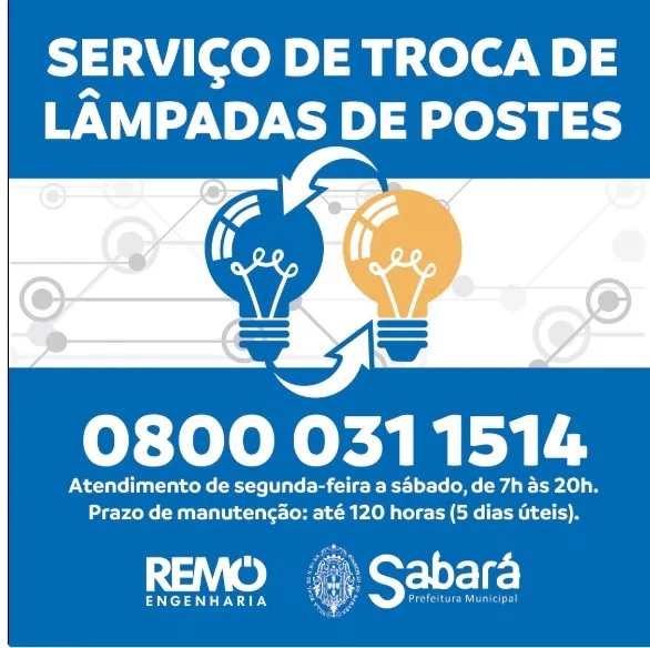 Precisa solicitar troca de lâmpadas queimadas em postes no município de Sabará? Ligue 0800 031 1514
