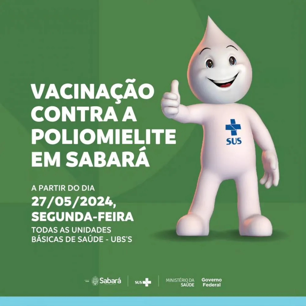 Vacinação contra poliomielite em Sabará: Campanha inicia na segunda-feira, 27/5, para crianças menores de 5 anos