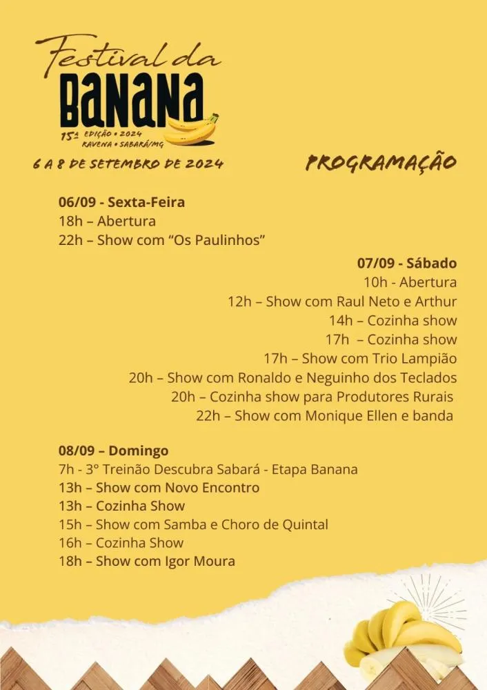 15º Festival da Banana em Sabará promete atrações imperdíveis e celebração da cultura local