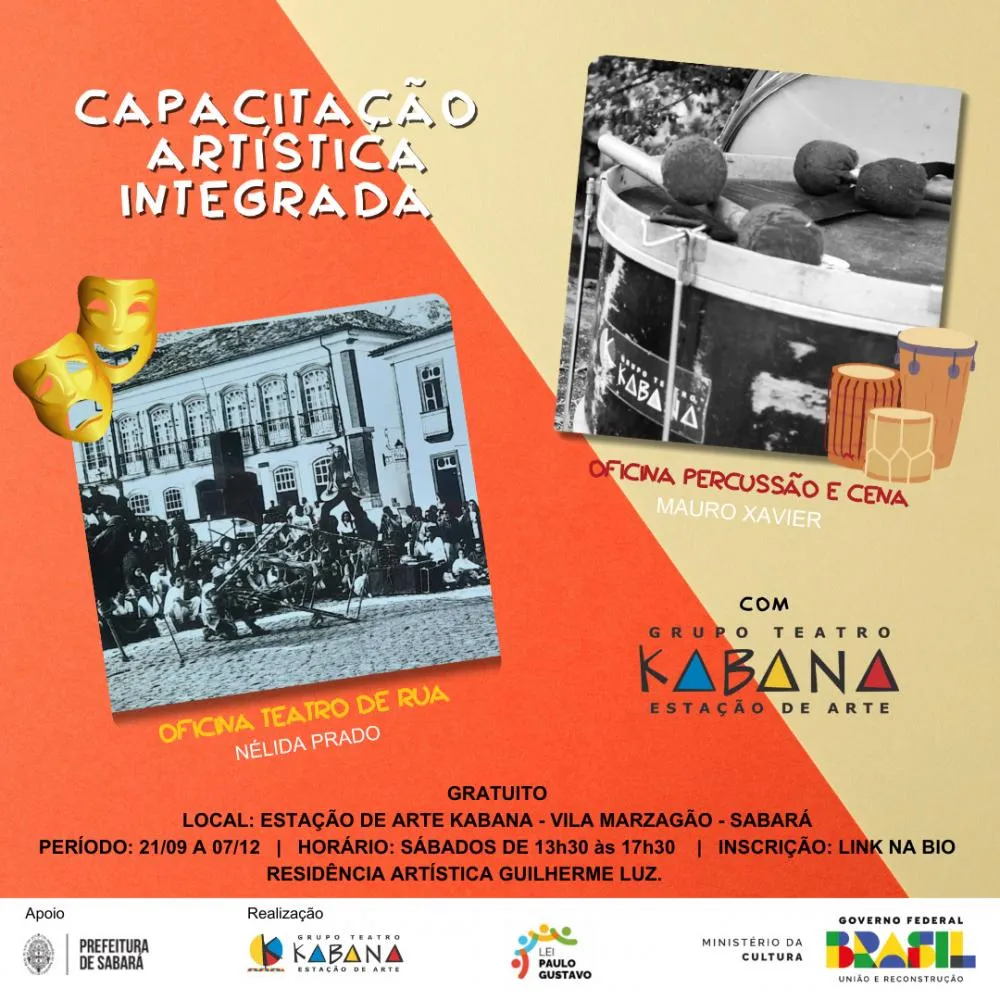 Oficinas de capacitação artística na Vila Marzagão em Sabará: Grupo Teatro Kabana promove formação em teatro de rua e percussão