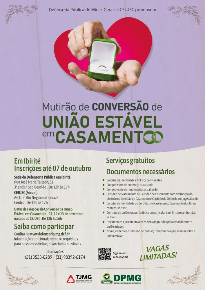Defensoria Pública mineira abre inscrições em Ibirité para Mutirão de Conversão de União Estável em Casamento
