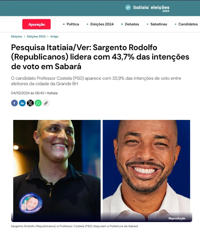 Rádio Itatiaia divulga nova pesquisa: Com 43,7% das intenções de voto, Sargento Rodolfo lidera a disputa em Sabará, enquanto Professor Costela aparece com 35,9%