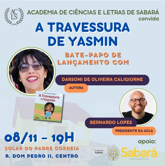 Lançamento do livro infantil “A Travessura de Yasmin” acontece hoje em Sabará com autógrafos e bate-papo literário
