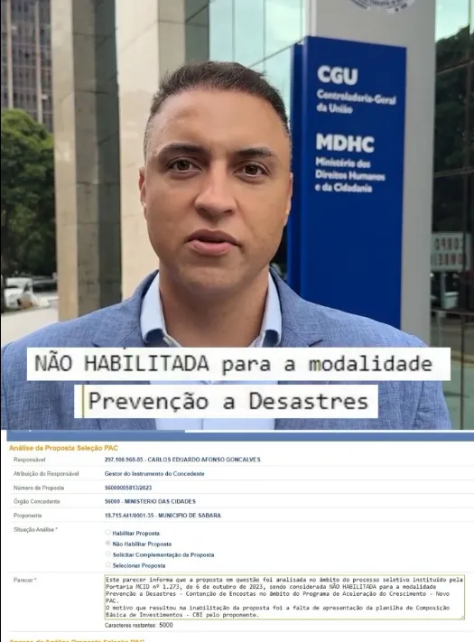 Sargento Rodolfo denuncia perda de obra do PAC de R$ 84 milhões para Sabará por falha administrativa da gestão atual