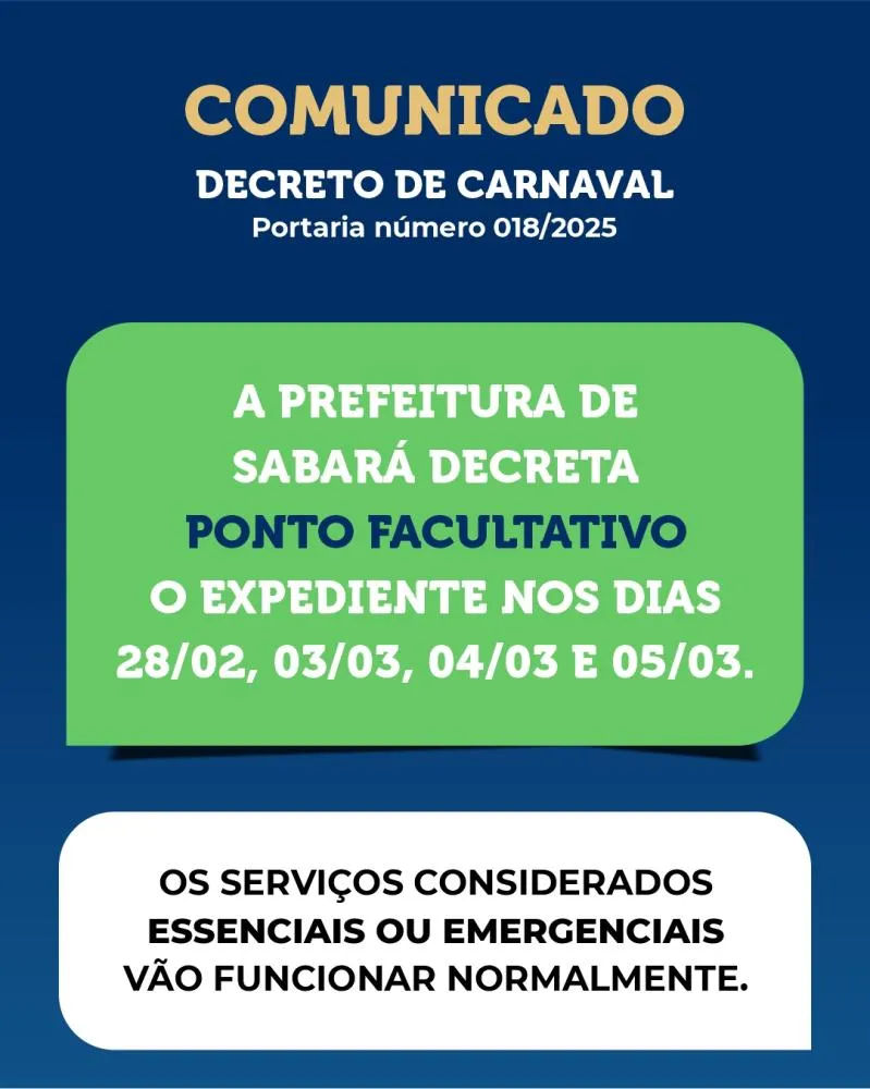 Prefeitura de Sabará decreta ponto facultativo no período de Carnaval