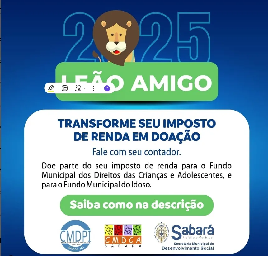 Sabará Solidária: Doe parte do seu imposto e apoie projetos sociais com a Campanha Leão Amigo 2025