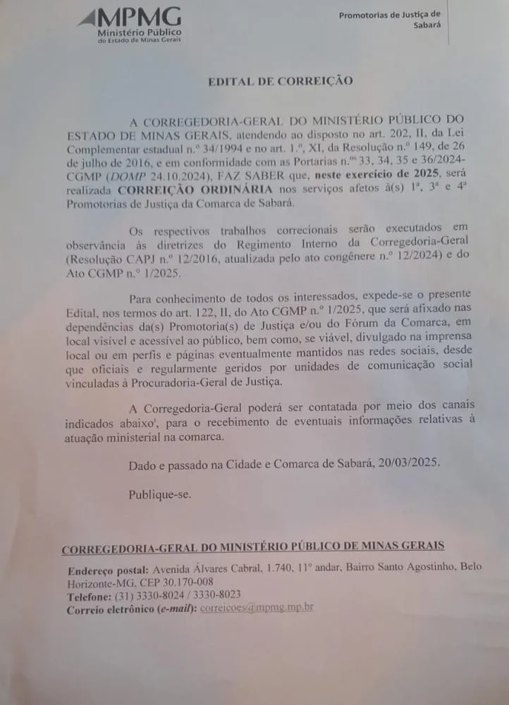 Ministério Público realiza correição ordinária em promotorias de Sabará no dia 30 de abril