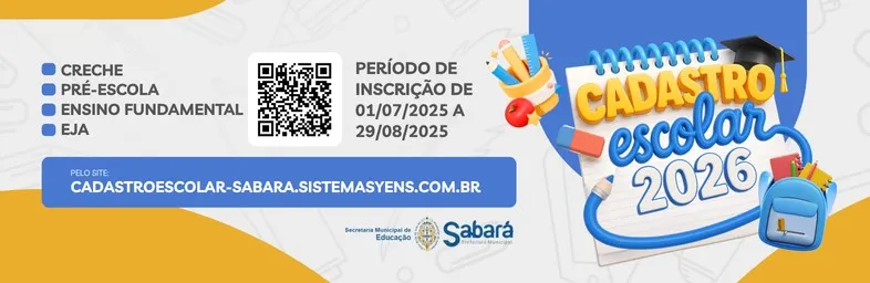 Prefeitura de Sabará abre inscrições para o cadastro escolar 2026