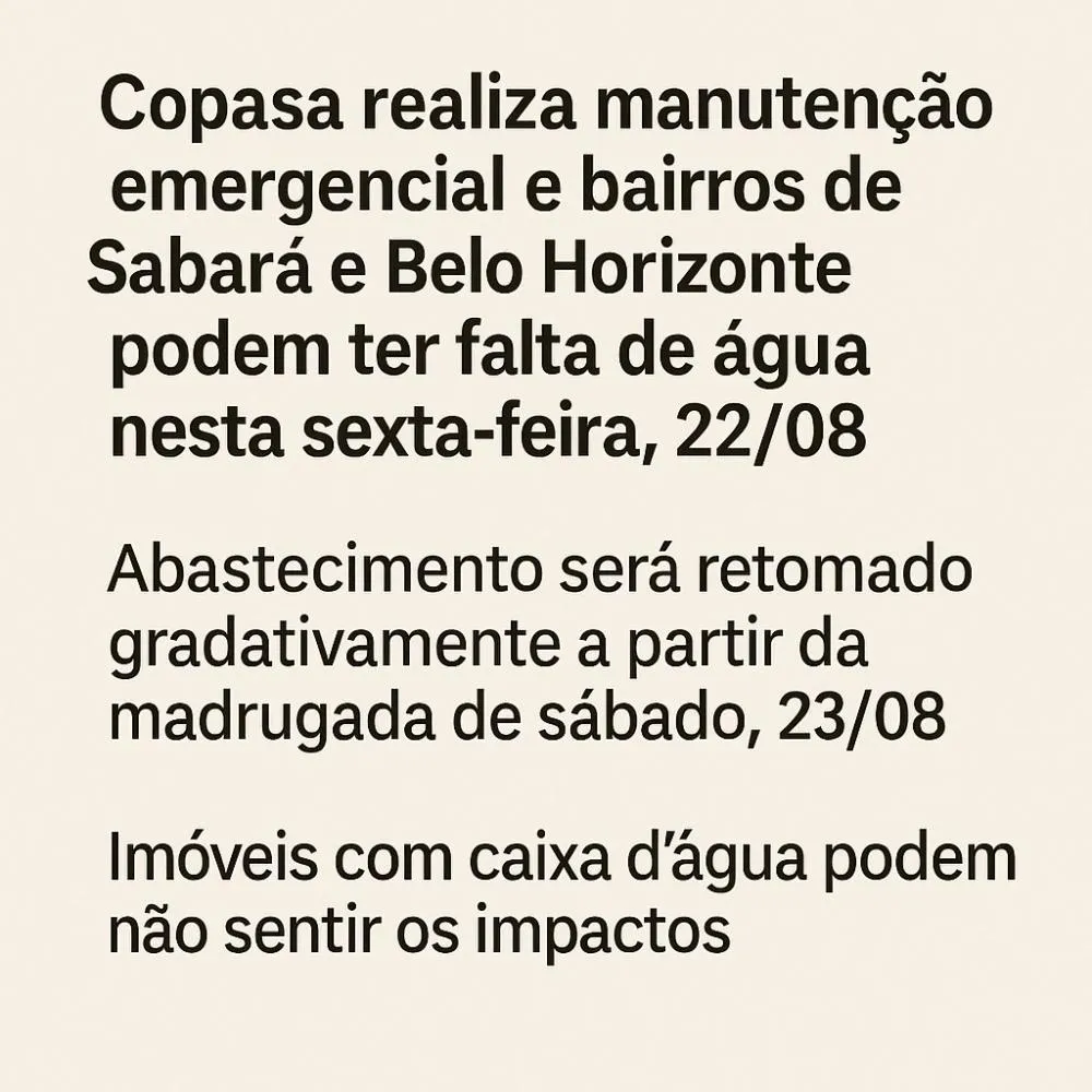 Copasa realiza manutenção emergencial e bairros de Sabará e Belo Horizonte podem ter falta de água nesta sexta-feira (22/08)