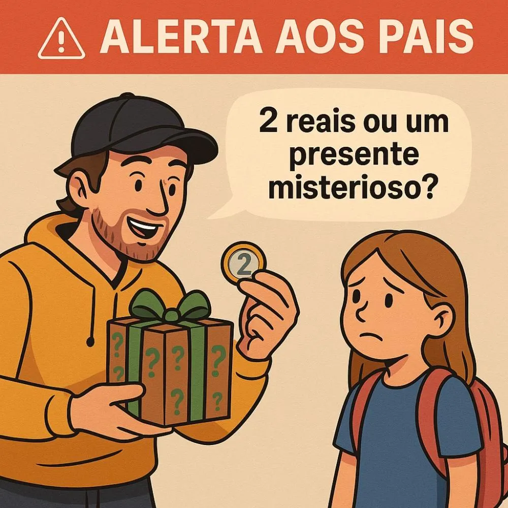 Brincadeira dos “2 reais ou presente misterioso” vira isca para sequestro de criança em saída de escola