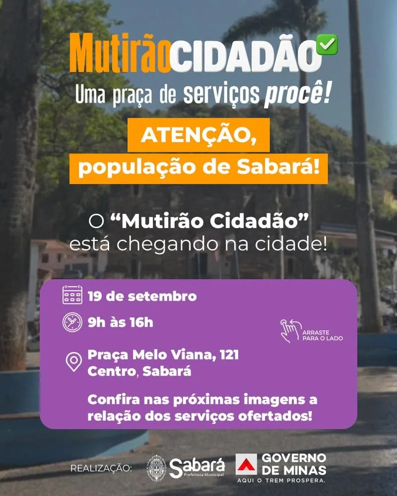 Mutirão Cidadão em Sabará oferece mais de 30 serviços gratuitos no dia 19 de setembro