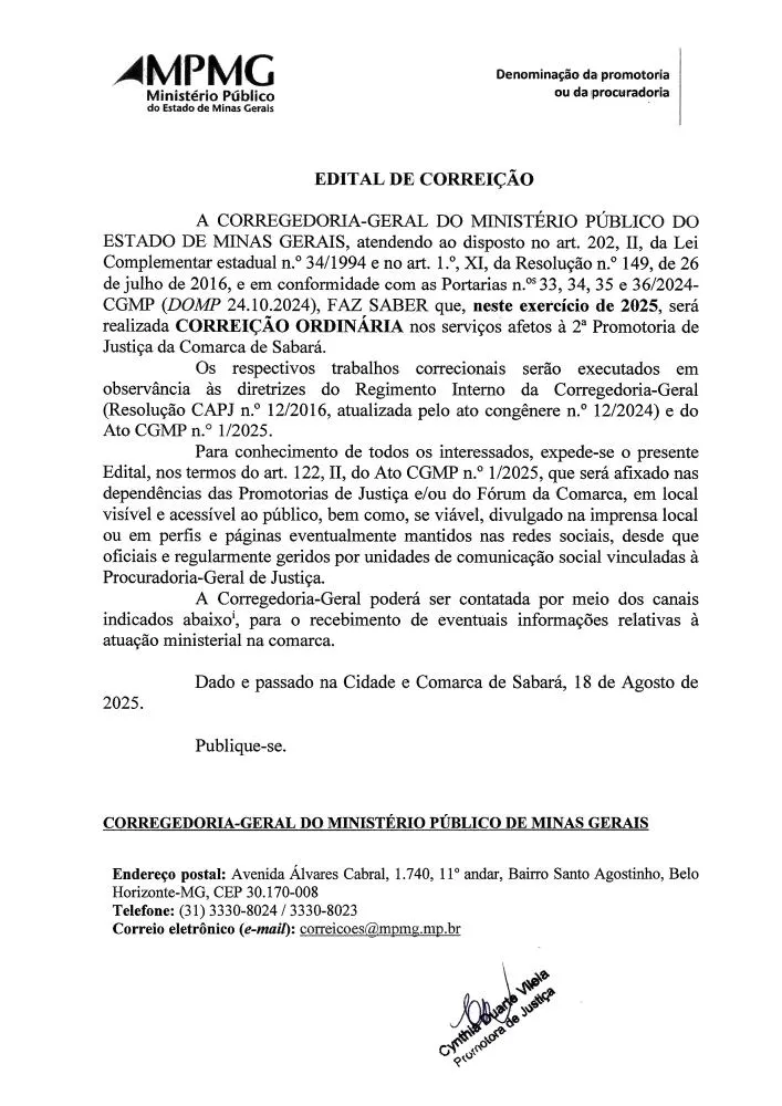 Corregedoria do Ministério Público anuncia correição ordinária na 2ª Promotoria de Justiça de Sabará