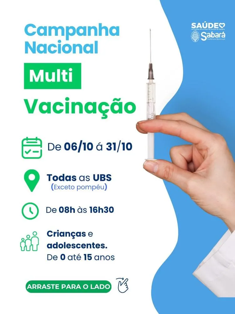 Sabará realiza Campanha Nacional de Multivacinação para crianças e adolescentes até 31 de outubro