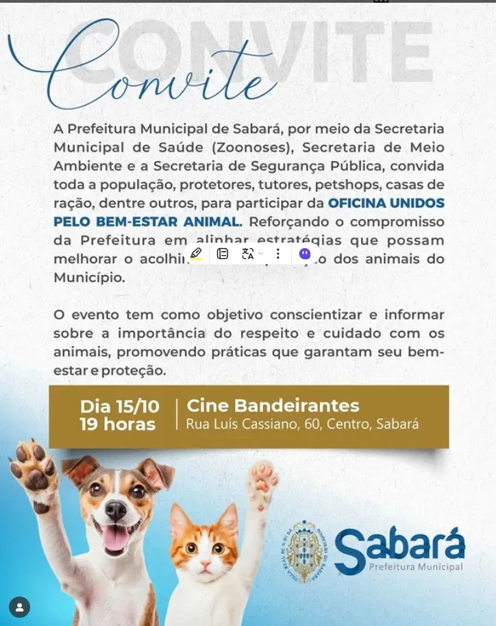 Sabará promove oficina sobre bem-estar animal no Cine Bandeirantes