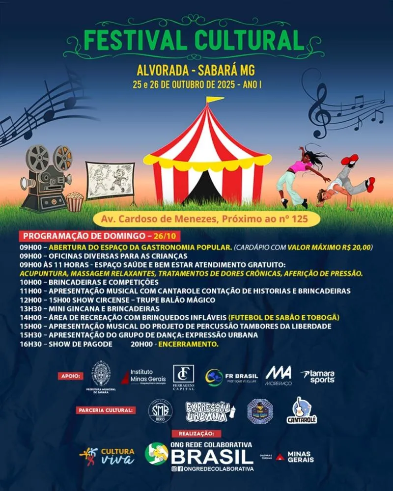 Sabará celebra arte e inclusão com o 1º Festival Cultural RCB nos dias 25 e 26 de outubro no bairro Alvorada