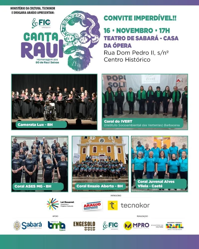 Sabará recebe espetáculo “Canta Raul” em homenagem aos 80 anos de Raul Seixas