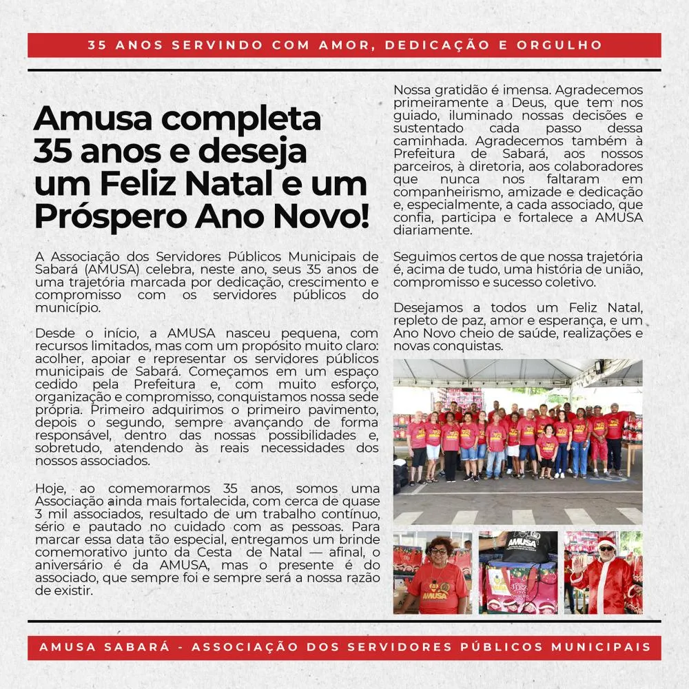 AMUSA celebra 35 anos de história, compromisso e valorização do servidor público em Sabará