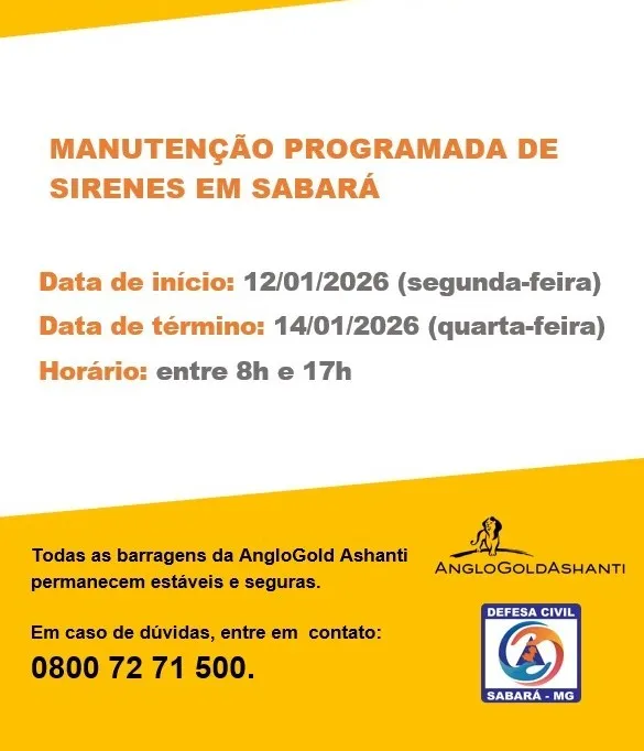 Manutenção programada de sirenes em Sabará será realizada entre 12 e 14 de janeiro