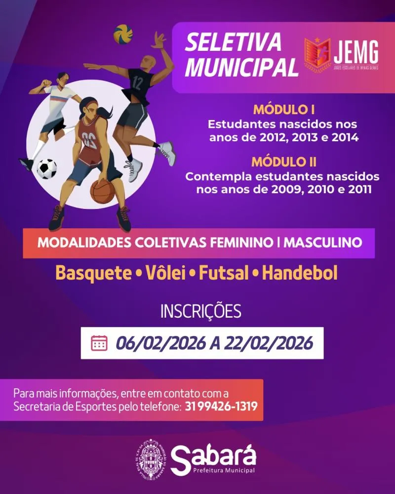 Prefeitura de Sabará abre inscrições para a Seletiva Municipal do JEMG 2026