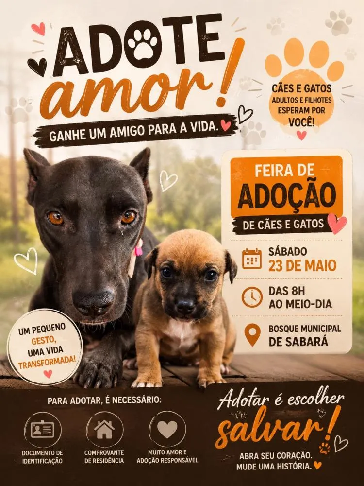 Feira de adoção de cães e gatos em Sabará acontece neste sábado no Bosque Municipal