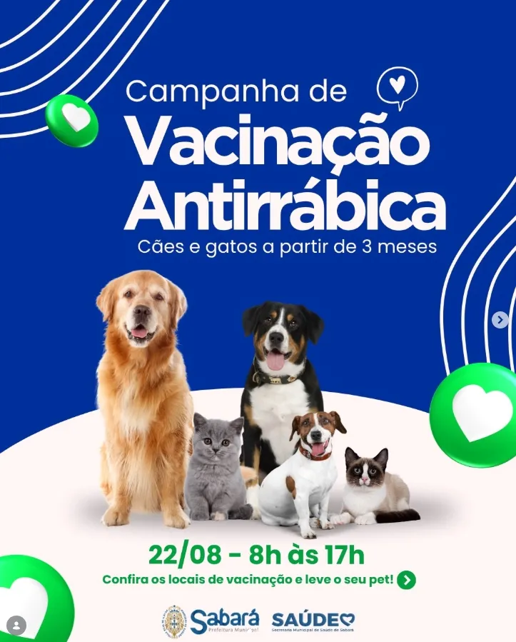 Sabará realiza 2ª etapa da Campanha de Vacinação Antirrábica para cães e gatos neste sábado (22)